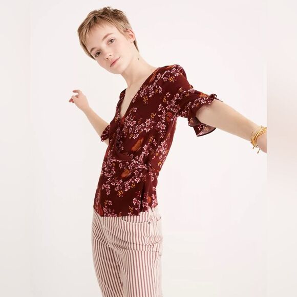 Madewell Tie-Sleeve Wrap Top in Butterfly Sanctuary Womens Size 2 - Picture 1 of 11